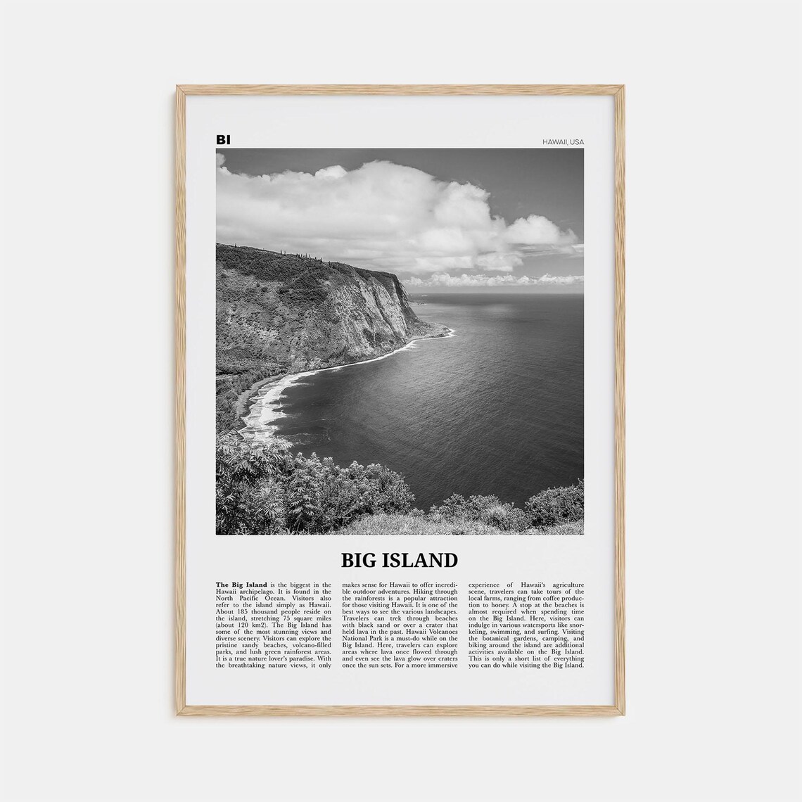 Big Island Black-and-White Travel Poster, Hawaii Map