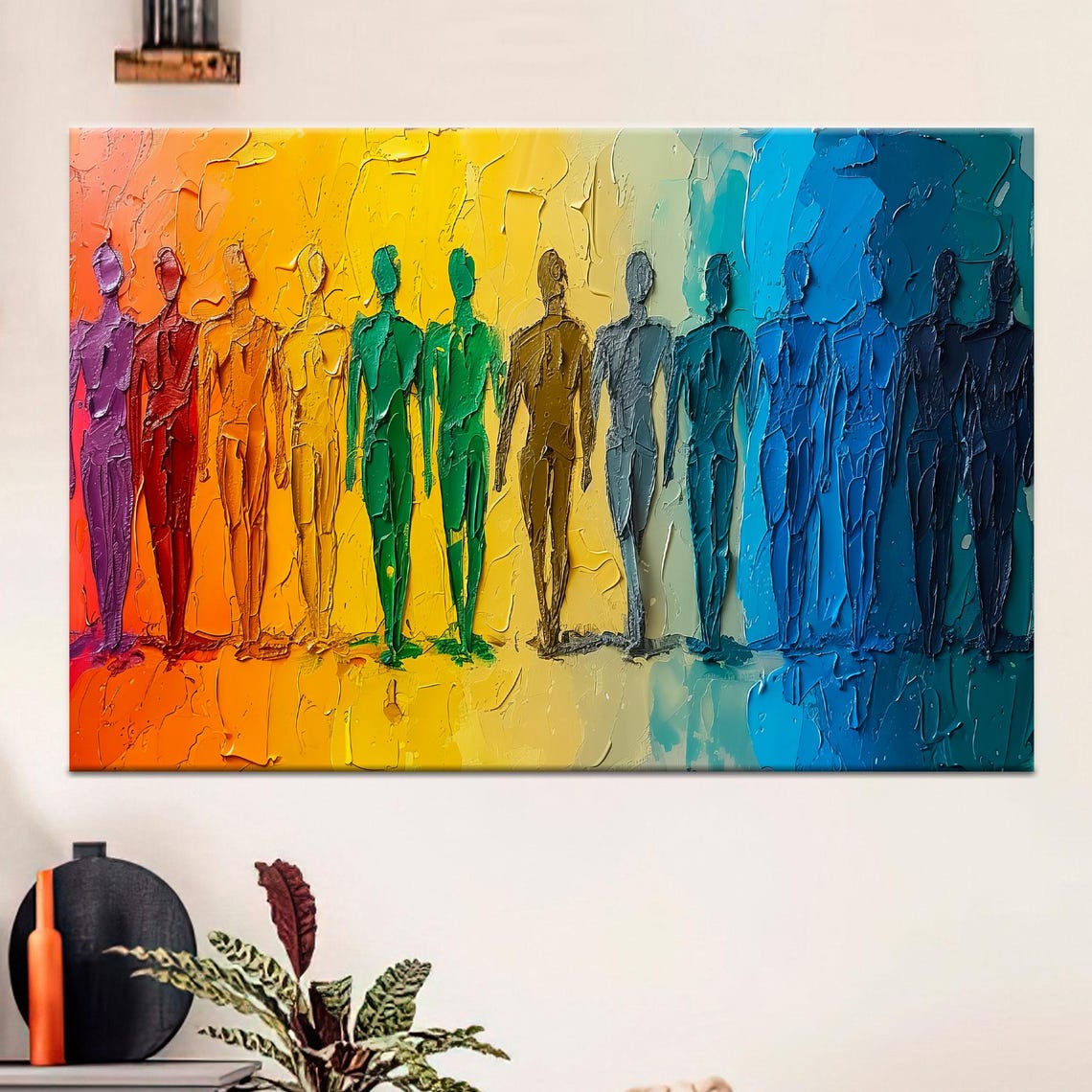 Rainbow Row Colorful Faceless Figures Impasto Unity Art Poster