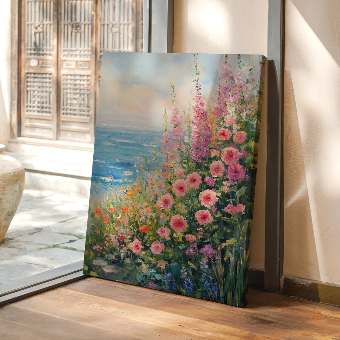 Seaside Garden With Blooming Wildflowers Coastal View Poster