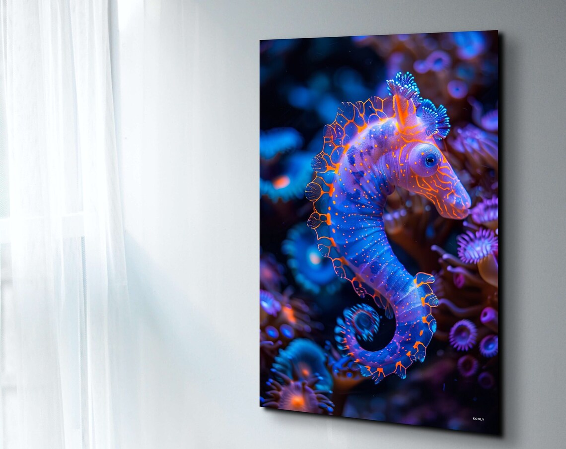 Glowing Seahorse In Coral Reef Neon Blue Orange Underwater Wall Art