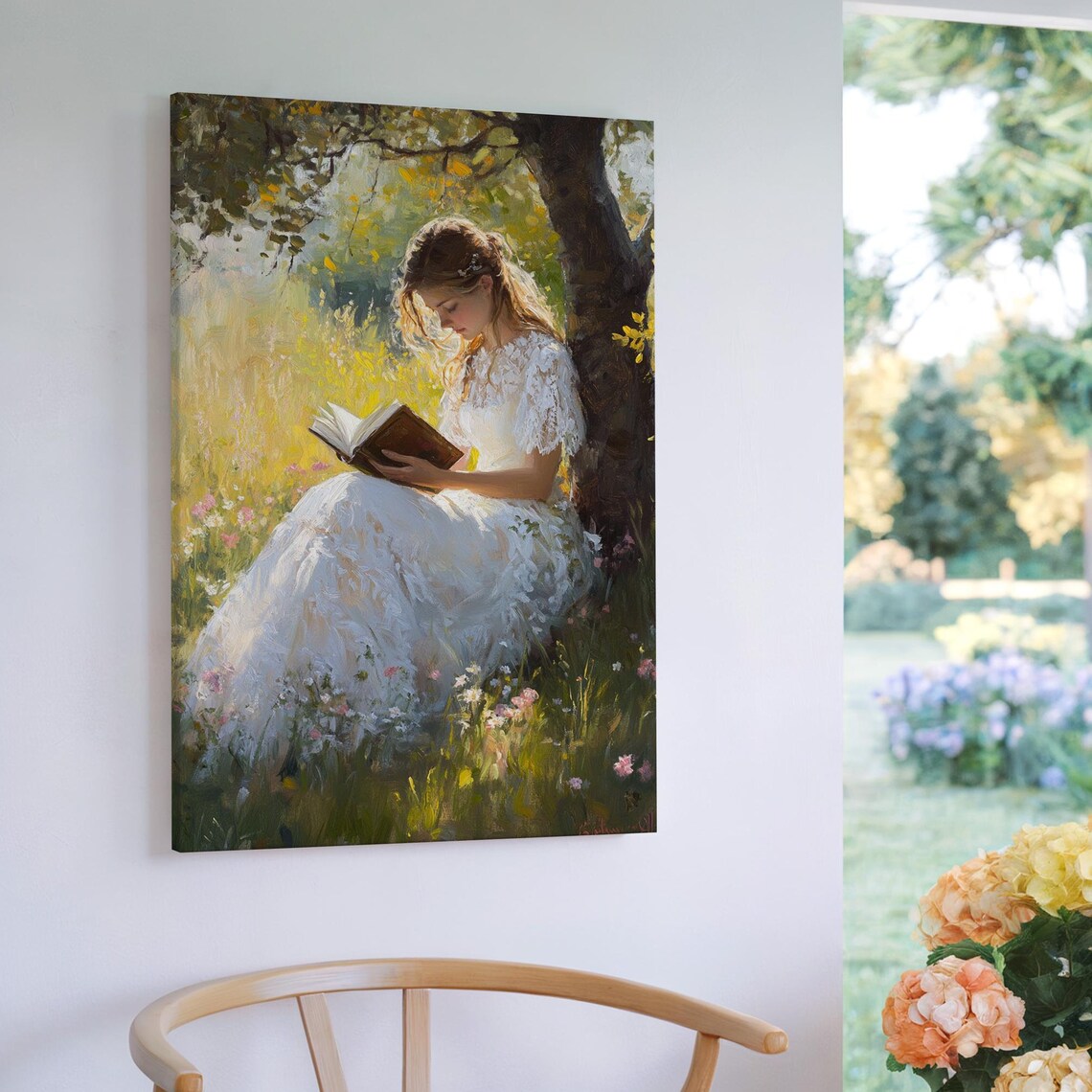 Woman Reading Under Tree Vintage Oil Painting Golden Meadow Poster
