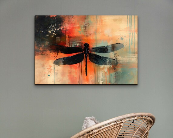 Modern Minimalist Dragonfly And Nature Themed Wall Art Print Dragonfly On Colorful Background Rectangular Print On Landscape