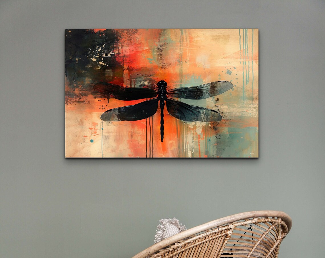 Dark Dragonfly Silhouette Orange Teal Abstract Nature Poster
