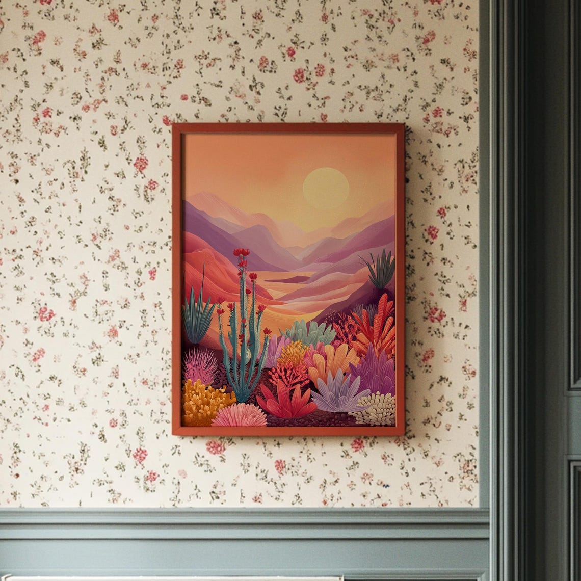 Desert Sunset Garden Poster, Colorful Cactus Mountain Landscape Art