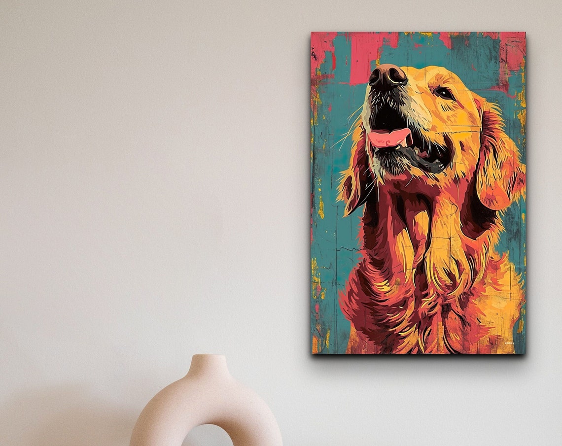 Joyful Golden Retriever Looking Up in Warm Pop Art Style Poster