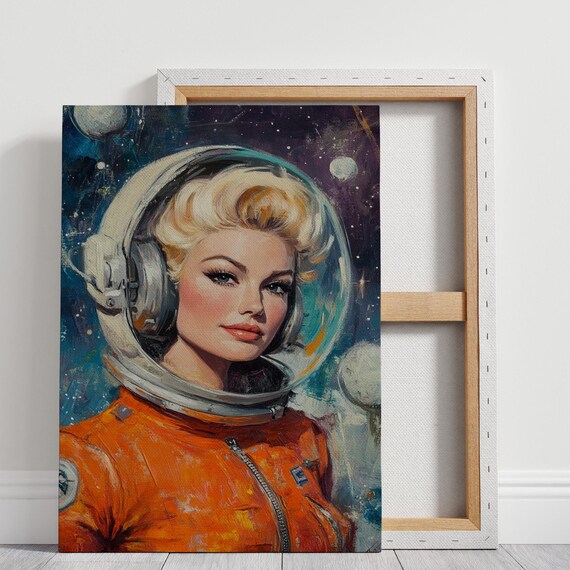 Retro Female Astronaut Portrait Orange Spacesuit Vintage Sci Fi Poster