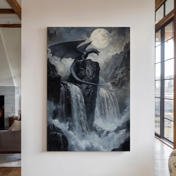 Majestic Dragon Overlooking Waterfalls Under Moonlight Fantasy Art For Epic Wall Decor Or Gift For Dragon Lovers