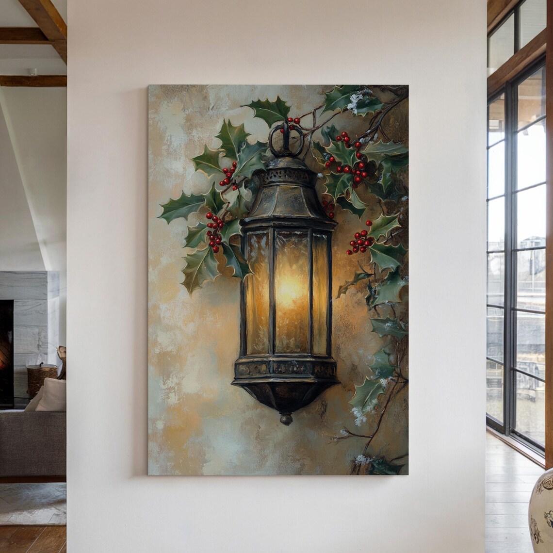 Vintage Lantern with Holly Berries, Christmas Poster