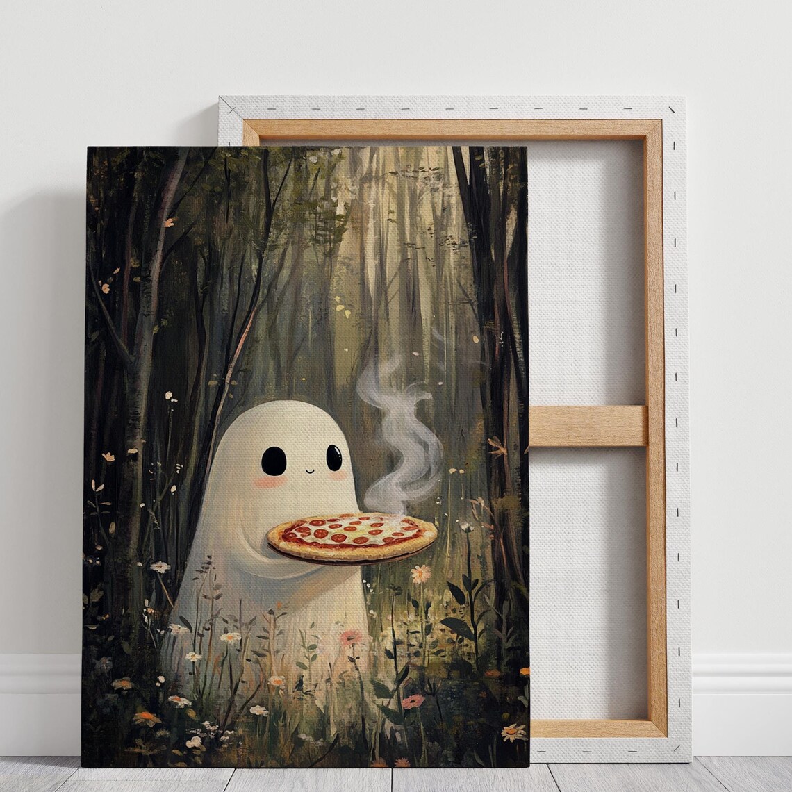 Whimsical Forest Ghost Serving Fresh Pizza Art Print