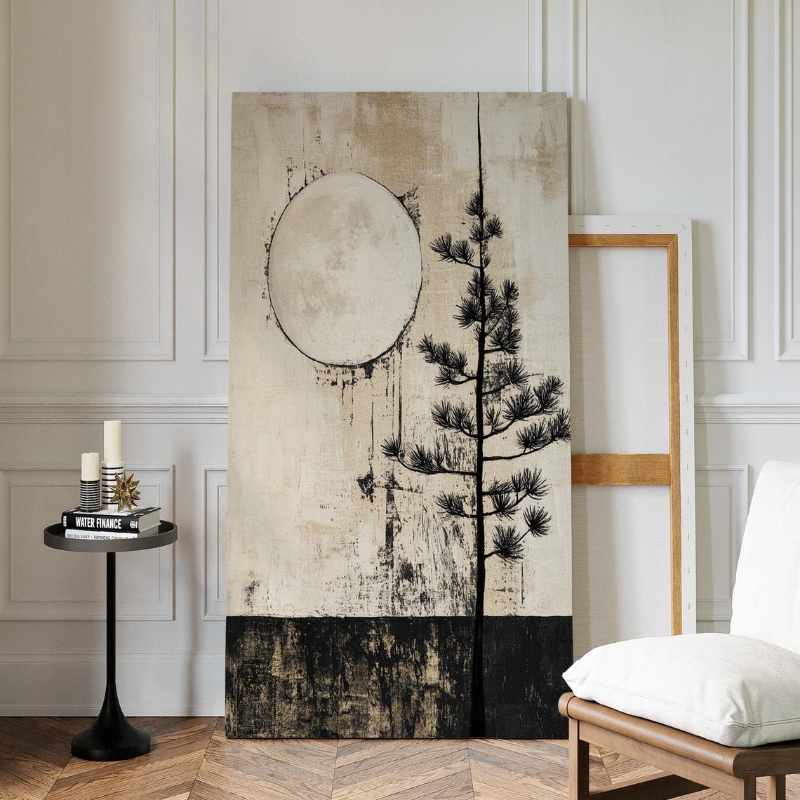 Japanese Minimalist Pine Tree Full Moon Black White Zen Poster