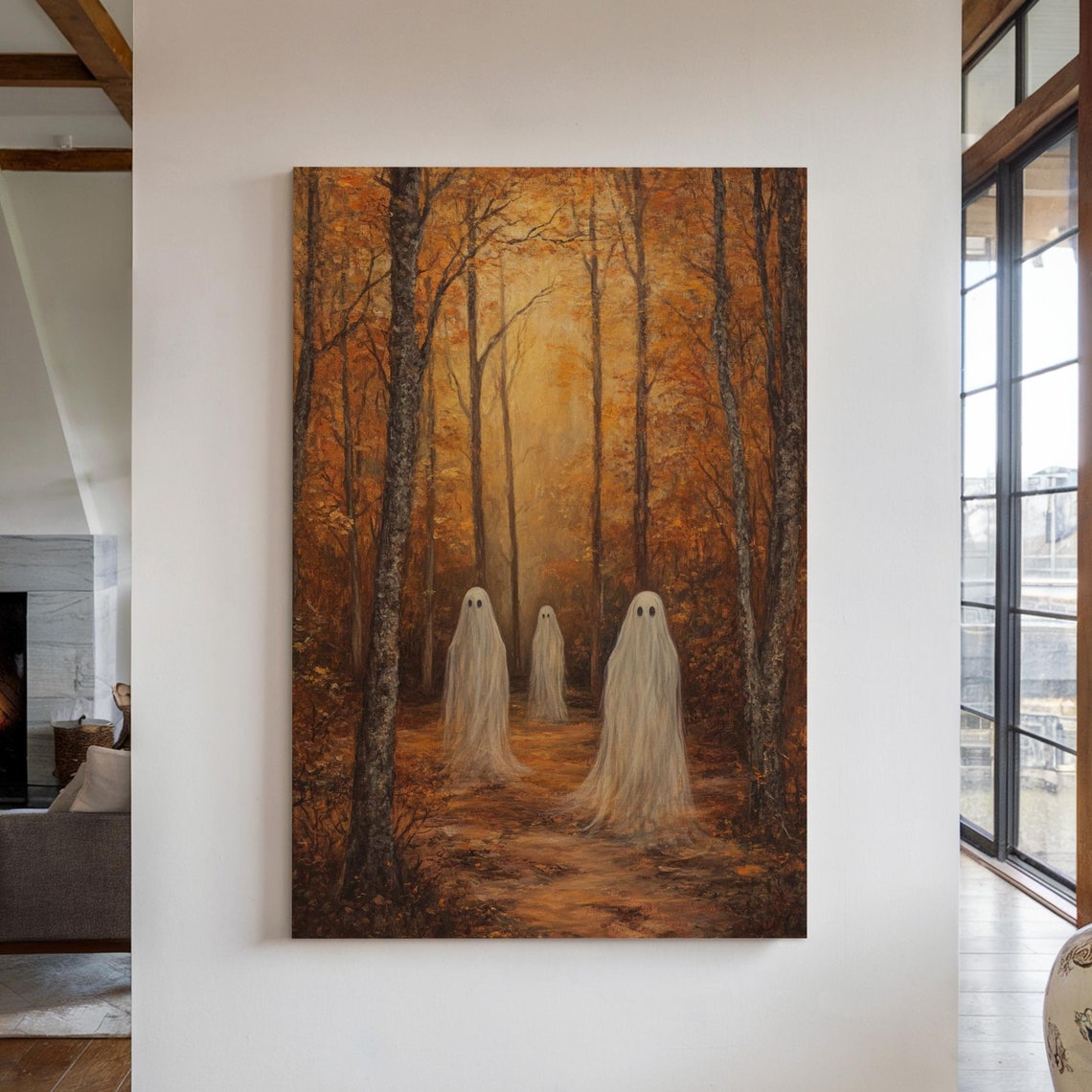Three Ghosts In Dark Fiery Autumn Forest Path Halloween Art Print