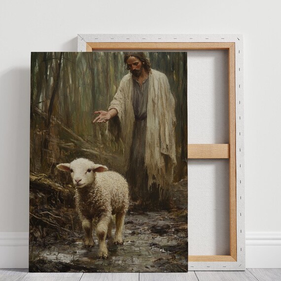 Jesus Reaching Out His Hand to a Lost Lamb in the Dark Woods Poster