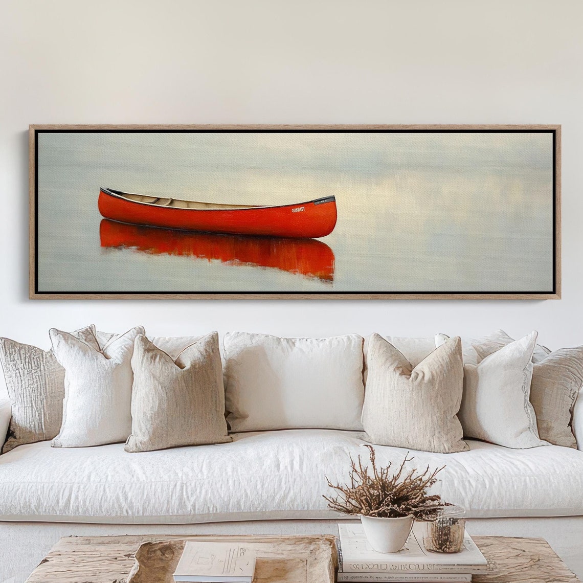 Red Canoe Misty Lake Serene Gray Blue Minimalist Water Poster