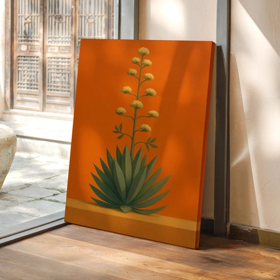 Modern Agave Plant Canvas Art Desert Botanical Minimalist Wall Decor In Bold Orange And Green Tones