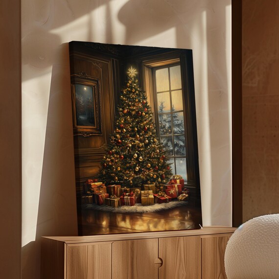 Christmas Tree Glowing Lights Window Holiday Gifts Vintage Winter Poster Art