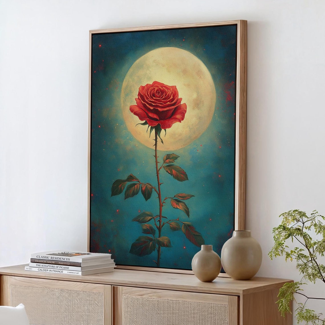 Red Rose Stem Golden Full Moon Teal Night Celestial Bloom Poster
