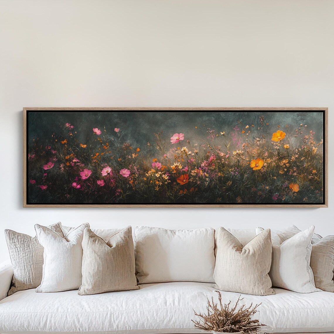 Moody Dark Wildflower Field Pink Cosmos Orange Poppies Vintage Poster