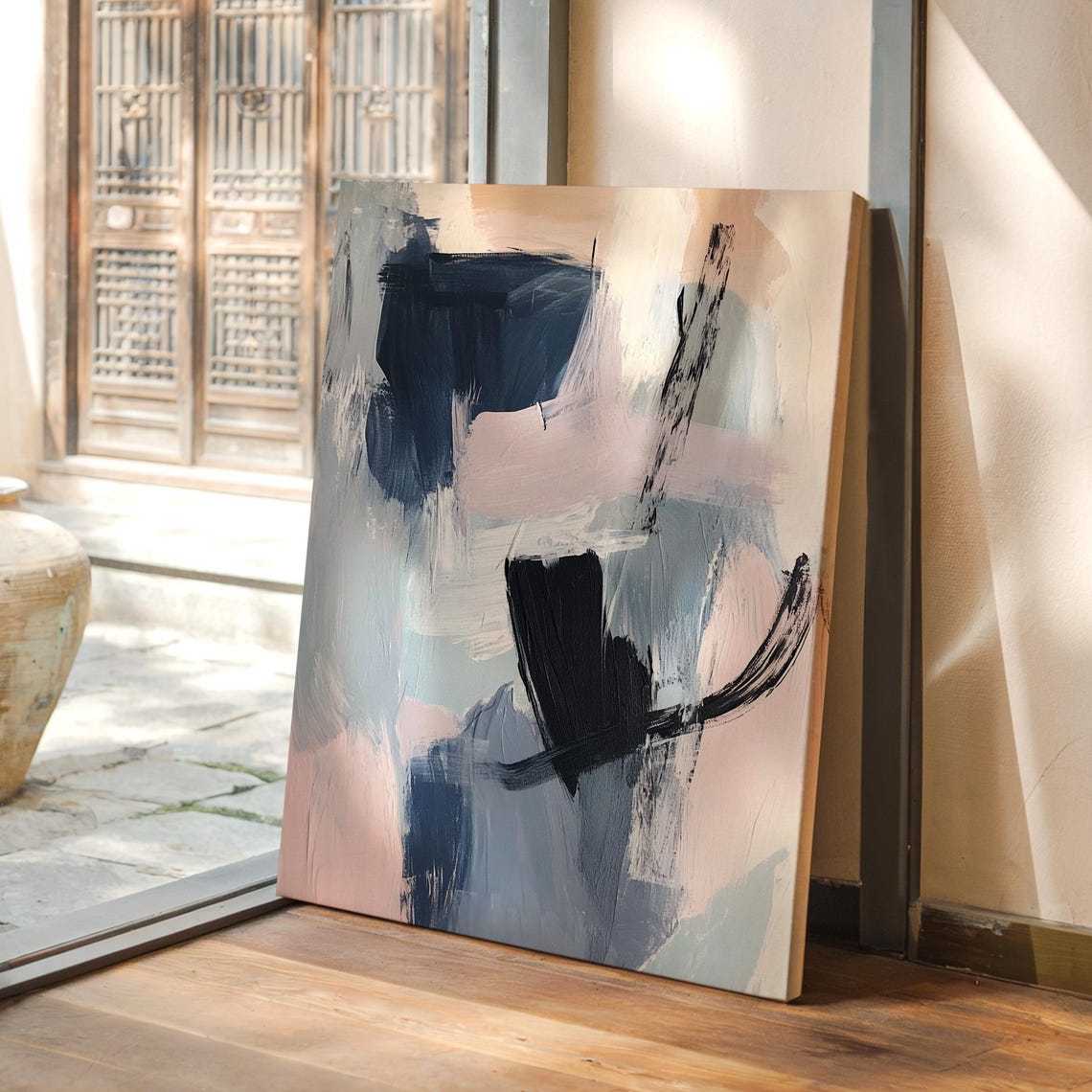 Blush Navy Abstract Modern Neutral Brush Strokes Wall Decor Poster
