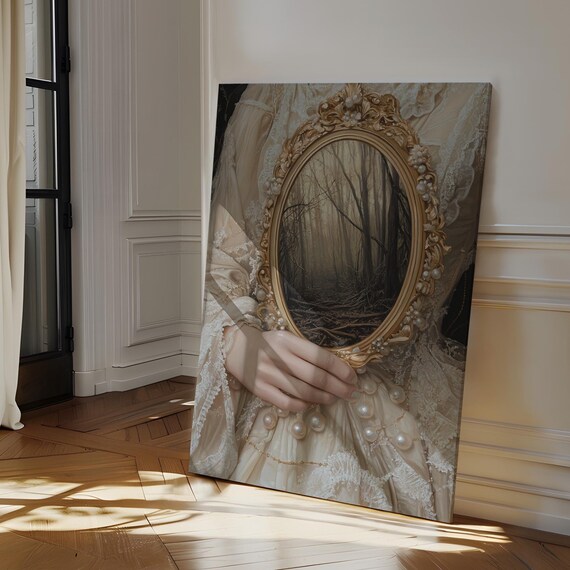Vintage Mirror And Forest Reflection Art Intricate Gold Frame Ethereal Woods And Lace Details For Elegant Wall Decor