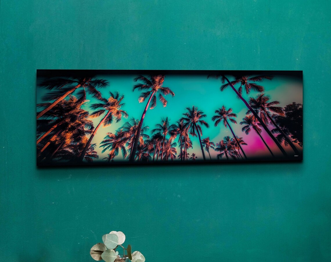 Palm Trees Beach Art Print, Colorful Sky