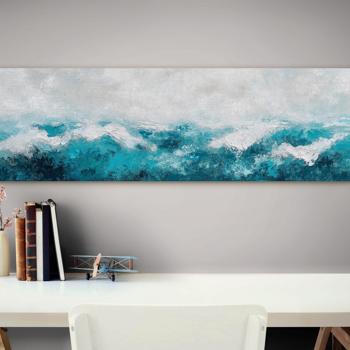 Abstract Teal Ocean Waves Textured Coastal Seascape Horizon Poster
