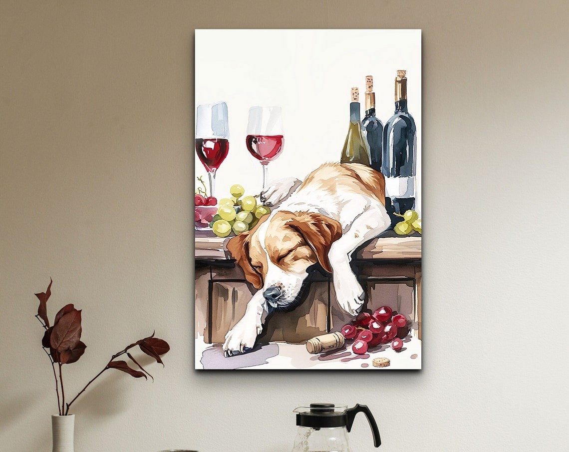 Sleeping Beagle Puppy Wine Bar Humorous Dog Watercolor Wall Art
