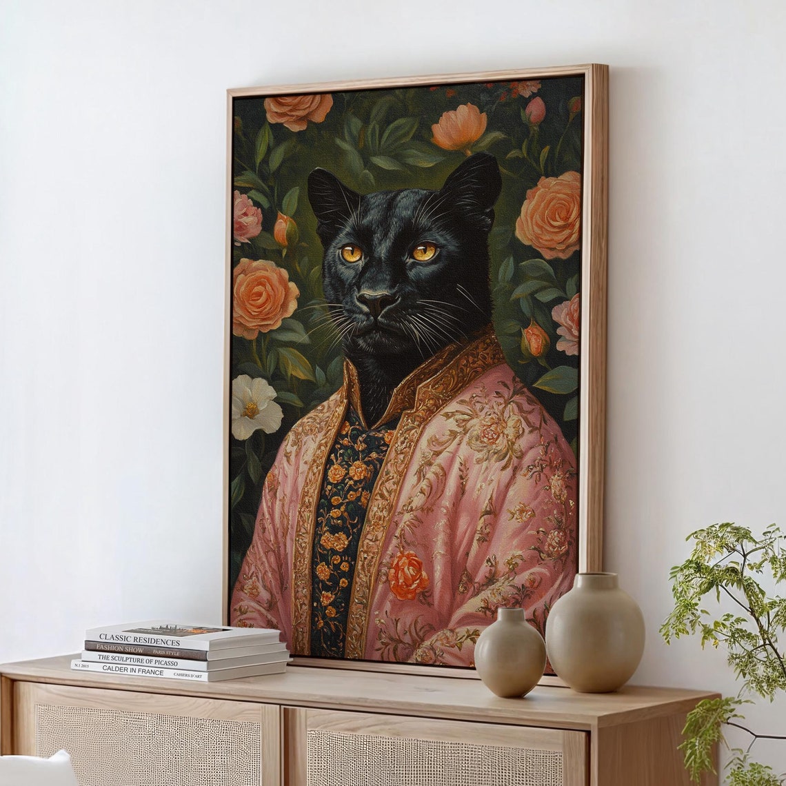 Elegant Black Panther Portrait Ornate Pink Robe Rose Floral Poster