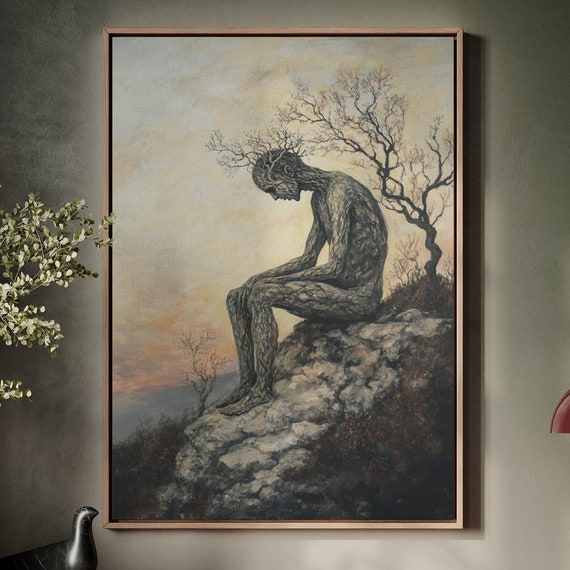 Tree Man At Sunset On Cliff Surreal Nature Inspired Wall Art With Emotional And Symbolic Oil Painting For Unique Decor