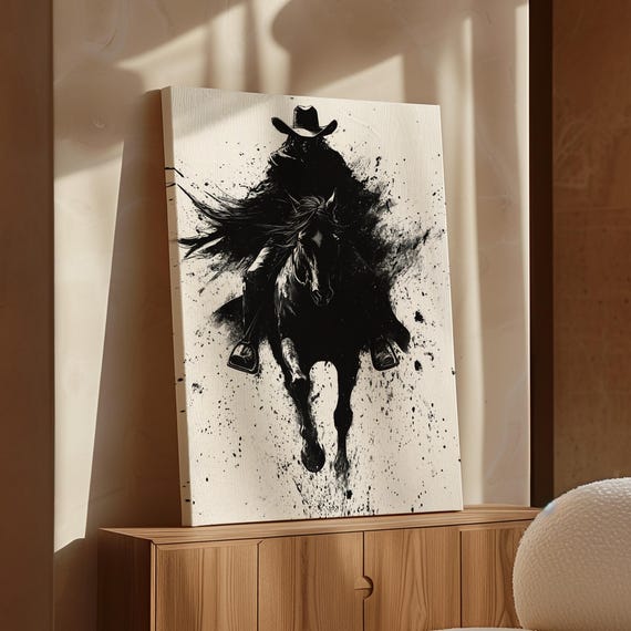 Shadow Cowboy Art Bold Ink Black And White Western Decor Mysterious Horse Rider Dark Western Wall Art