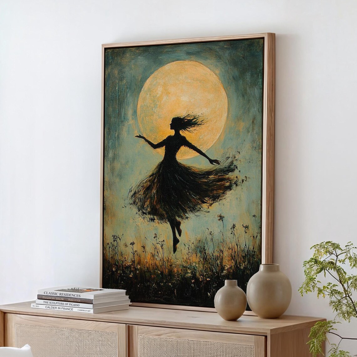 Silhouette Dancing In Moonlight, Whimsical Abstract Night Scene
