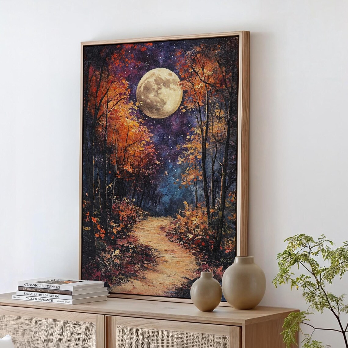 Autumn Moonlit Path, Vibrant Fall Forest Scene