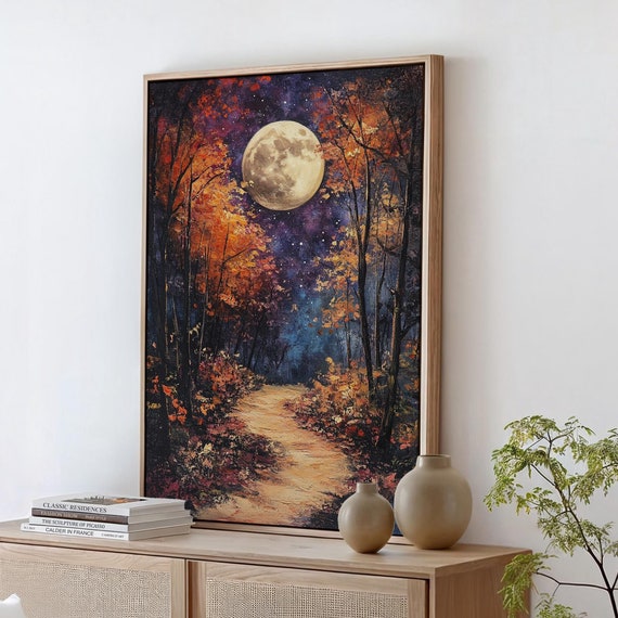 Autumn Moonlit Path, Vibrant Fall Forest Scene