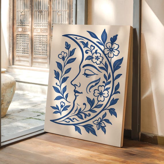 Floral Moon Face Wall Art Blue Botanical Crescent With Sleeping Illustration Celestial Boho Canvas Decor Print