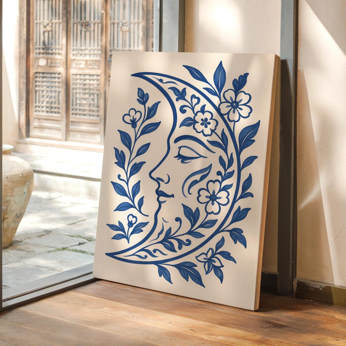 Floral Moon Face Wall Art Blue Botanical Crescent With Sleeping Illustration Celestial Boho Canvas Decor Print