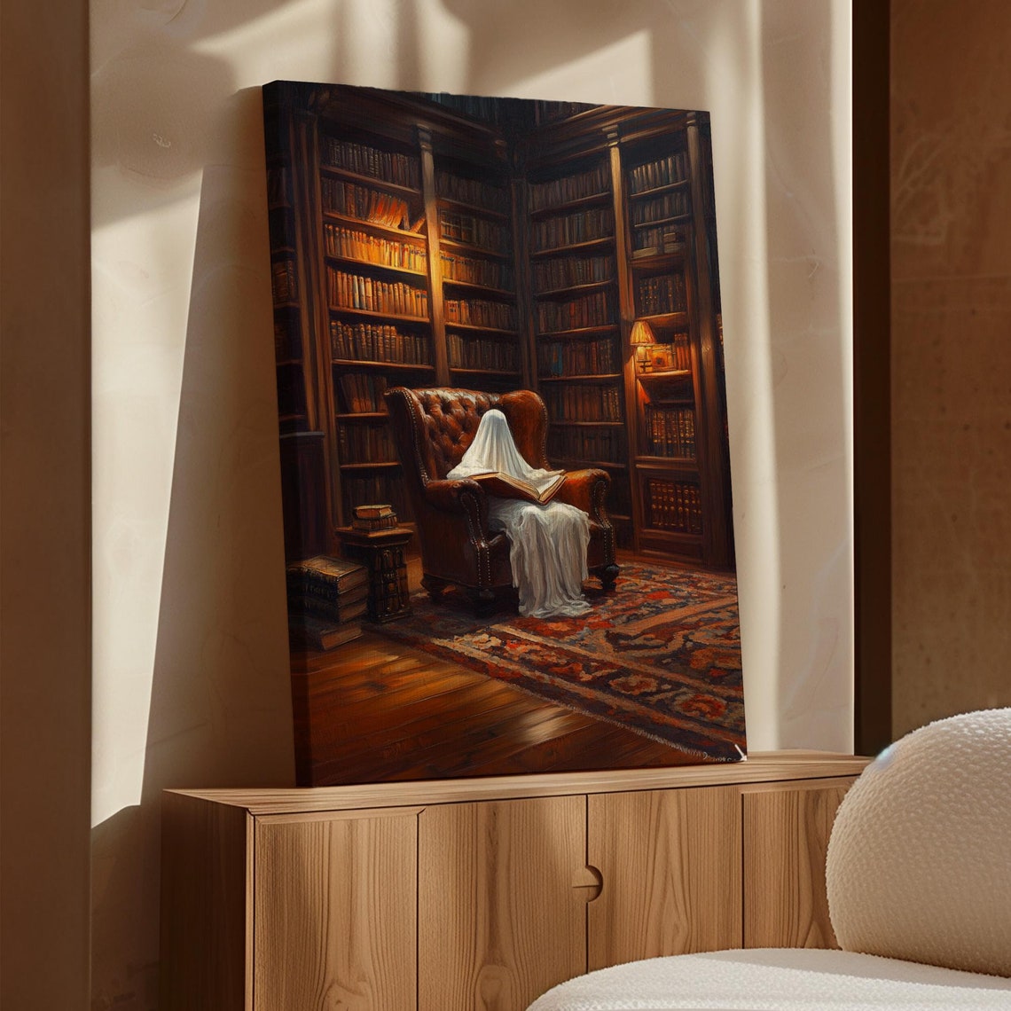Ghost Reading Book In Cozy Vintage Library Dark Academia Wall Art