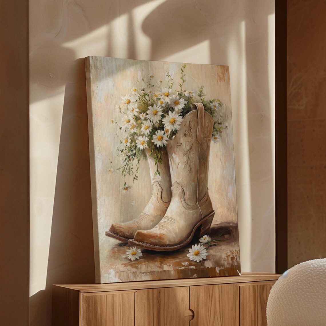 Vintage Cowboy Boots With Daisies, Rustic Farmhouse Art Print