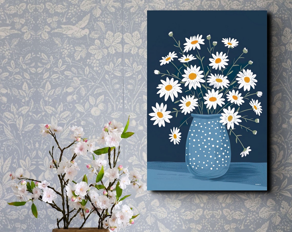White Daisies In Blue Polka Dot Vase On Navy Background Poster