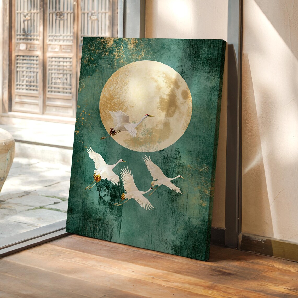 Cranes In Flight With Full Moon, Japanese Style