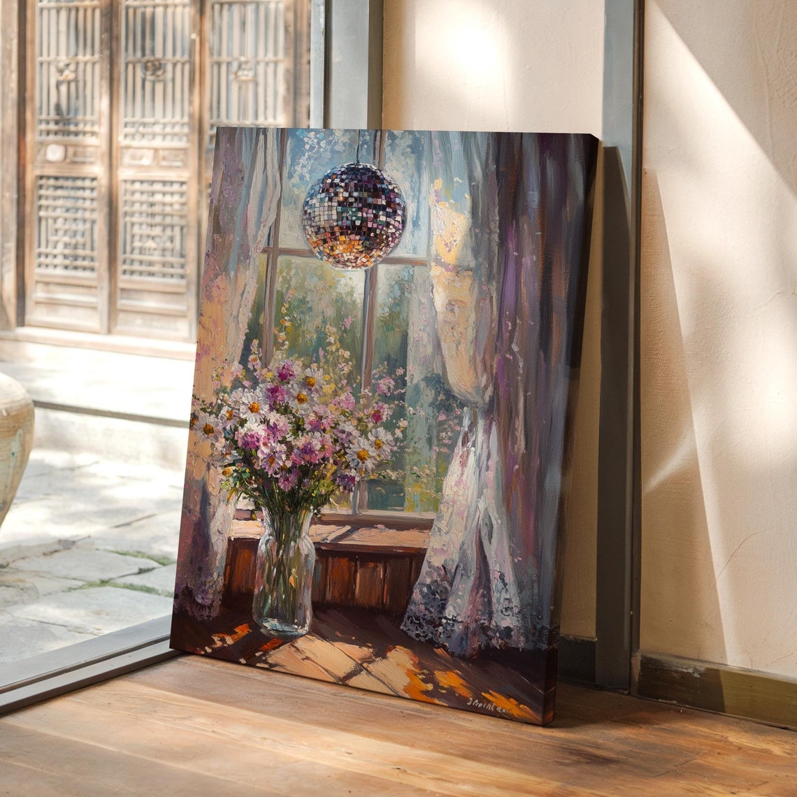 Sunlit Floral Still Life Wildflowers Disco Ball Window Scene Poster
