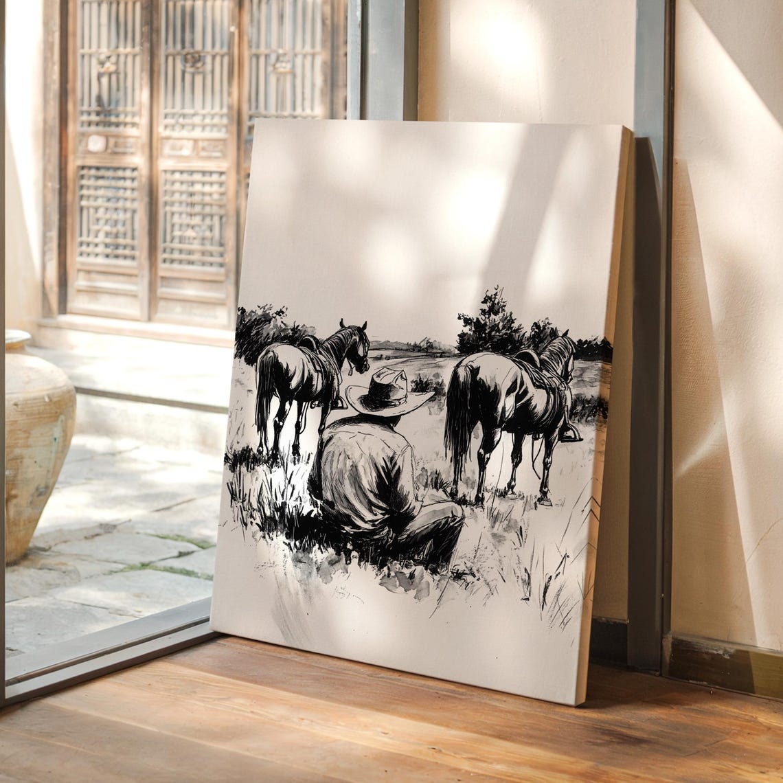 Cowboy Sitting with Two Horses Quiet Ranch Life Ink Sketch Poster