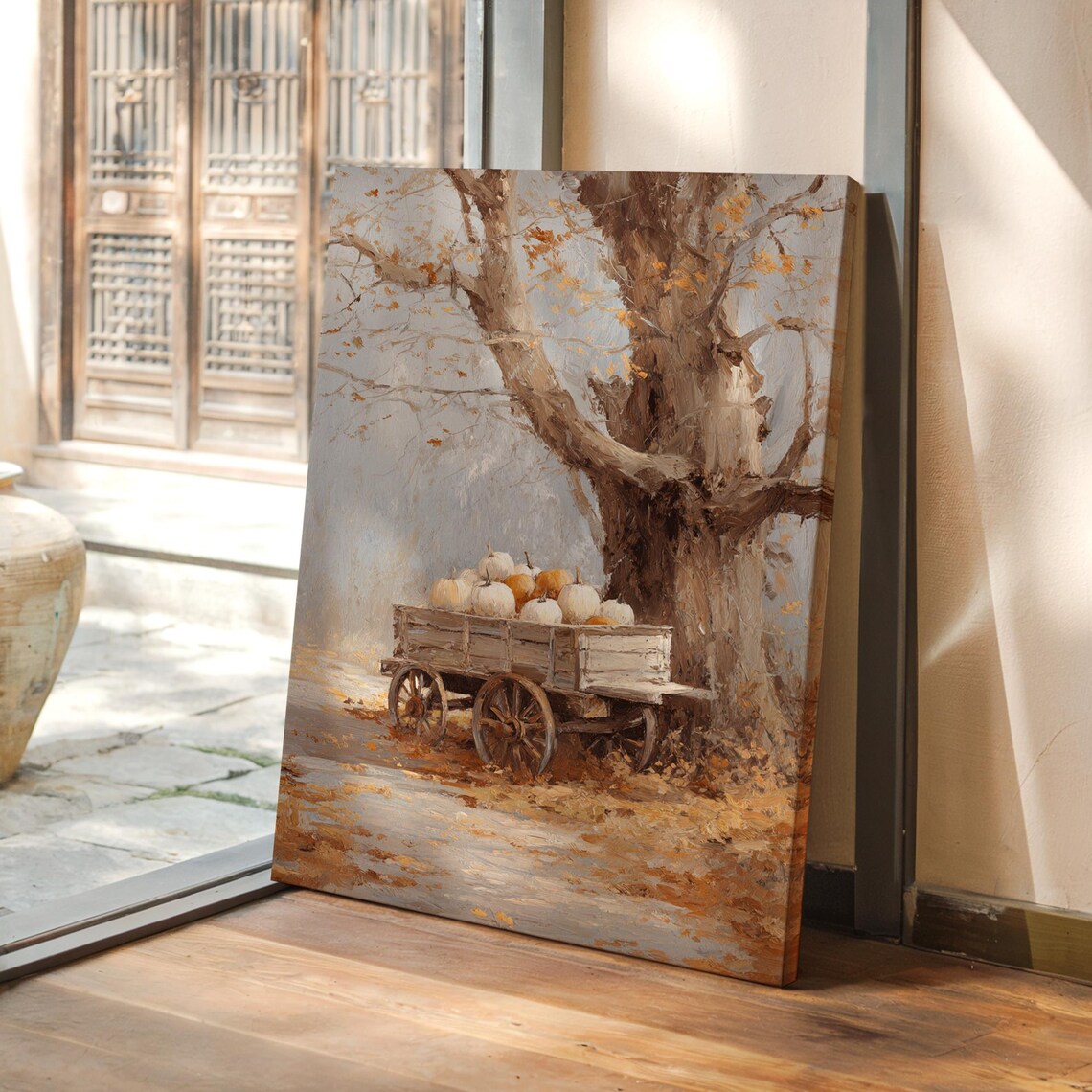 Wooden Wagon of Pumpkins Under Big Tree Autumn Harvest Oil Painting Print