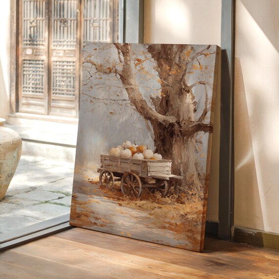 Rustic Pumpkin Wagon Canvas Wall Art Autumn Farmhouse Fall Harvest Painting With White And Orange Pumpkins Country Vintage Home Dcor