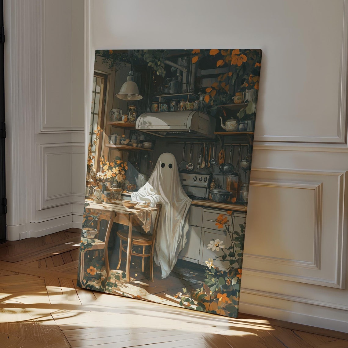 Cute Ghost In Rustic Farmhouse Kitchen Autumn Leaves Fall Wall Art
