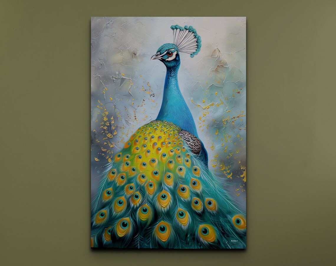 Peacock Full Plumage Textured Painting Turquoise Gold Bird Poster