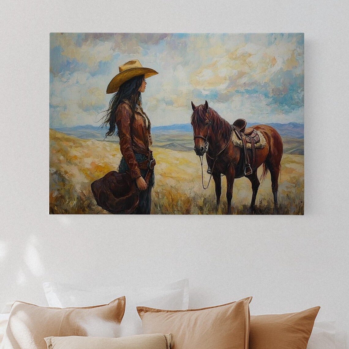 Cowgirl with Leather Jacket and Horse Golden Prairie Painting Poster
