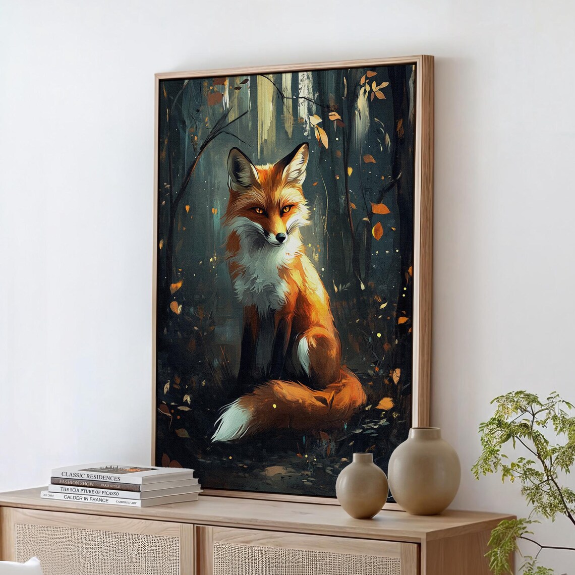 Red Fox Sitting in Dark Autumn Forest Golden Leaves Art Poster