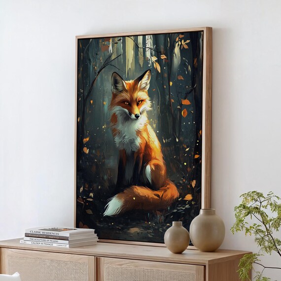 Red Fox Sitting in Dark Autumn Forest Golden Leaves Art Poster