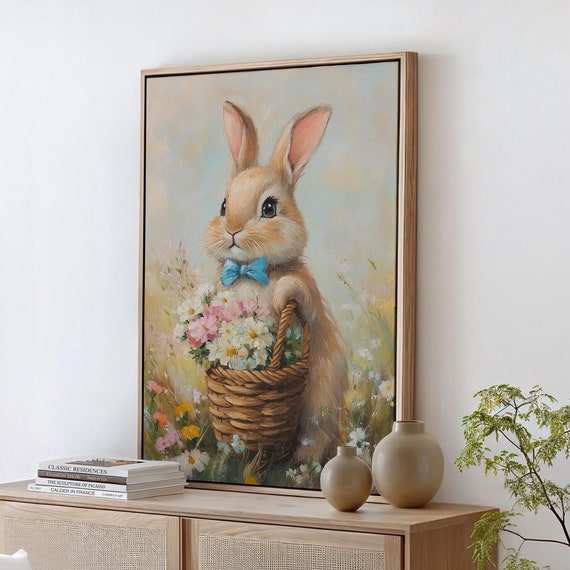 Charming Bunny Art Cute Rabbit With Flowers In Basket Adorable Pastel Spring Wall Decor Perfect For Nursery Or Easter Decor