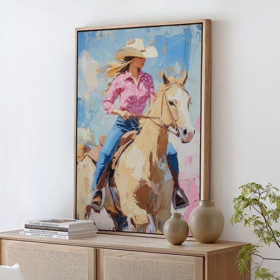 Western Cowgirl Art Bold Acrylic Painting Of Woman On Horse With Pink Shirt Rustic Ranch Decor For Country Style Homes