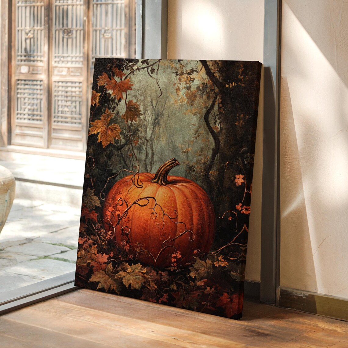 Rustic Autumn Pumpkin Art Print, Fall Leaves Charm